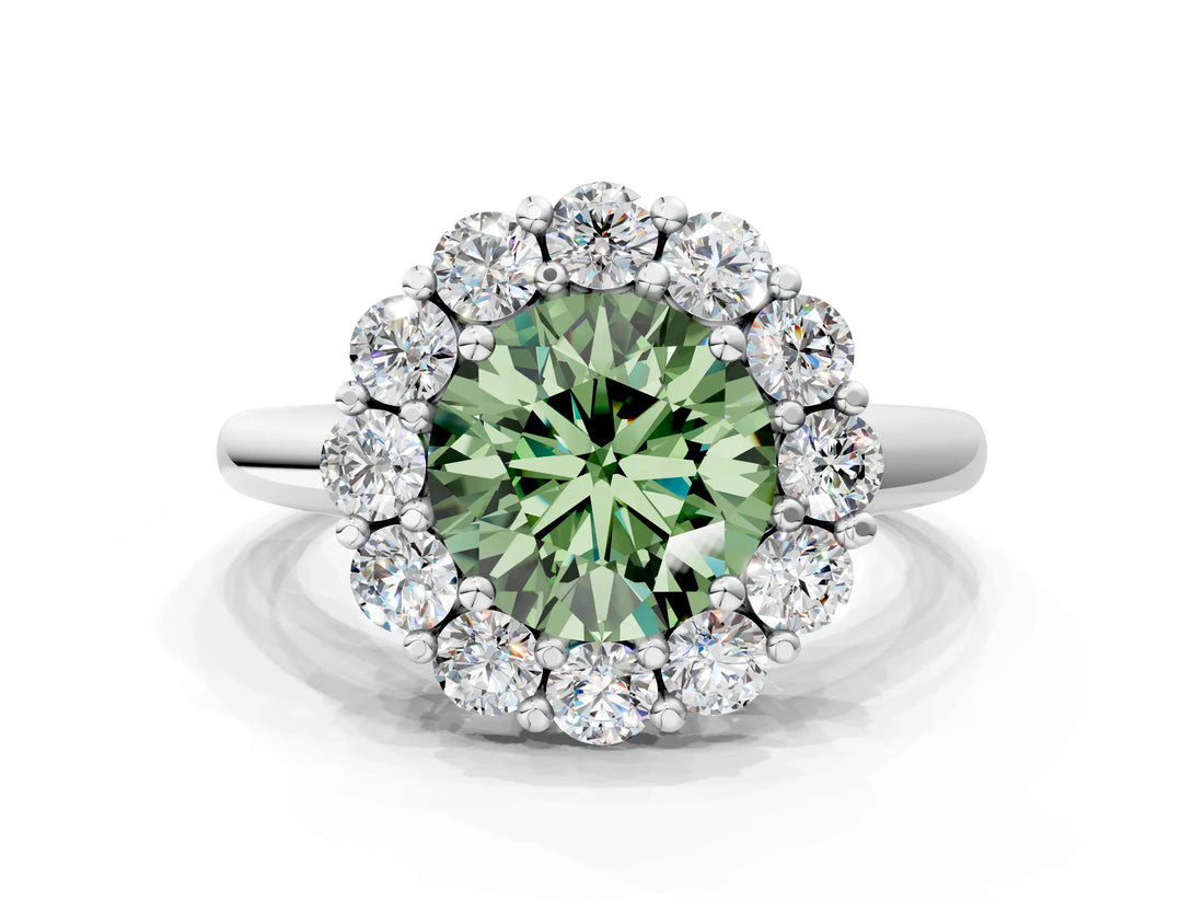White gold Fancy Green Round  Halo Cluster Diamond Engagement Ring with Prong Setting and Polished Band_20