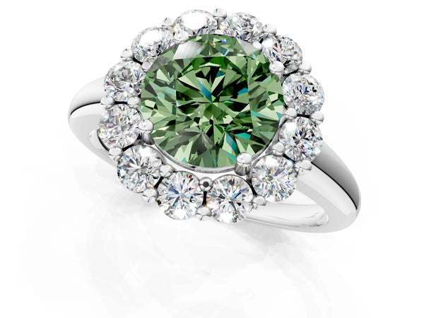 White gold Fancy Green Round  Halo Cluster Diamond Engagement Ring with Prong Setting and Polished Band