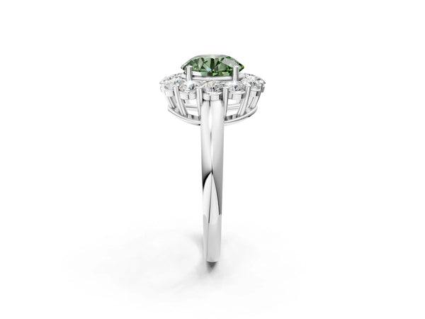 White gold Fancy Green Round  Halo Cluster Diamond Engagement Ring with Prong Setting and Polished Band