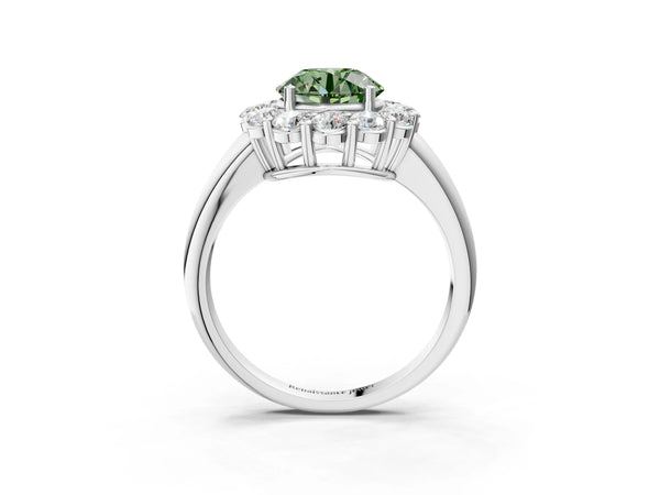 White gold Fancy Green Round  Halo Cluster Diamond Engagement Ring with Prong Setting and Polished Band