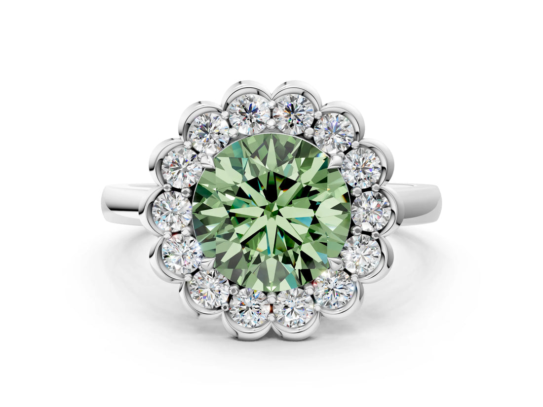 White gold Fancy Green Round  Halo Cluster Diamond Engagement Ring with Solitaire Band and Prong Setting_48