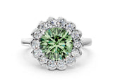 White gold Fancy Green Round  Halo Cluster Diamond Engagement Ring with Solitaire Band and Prong Setting_48