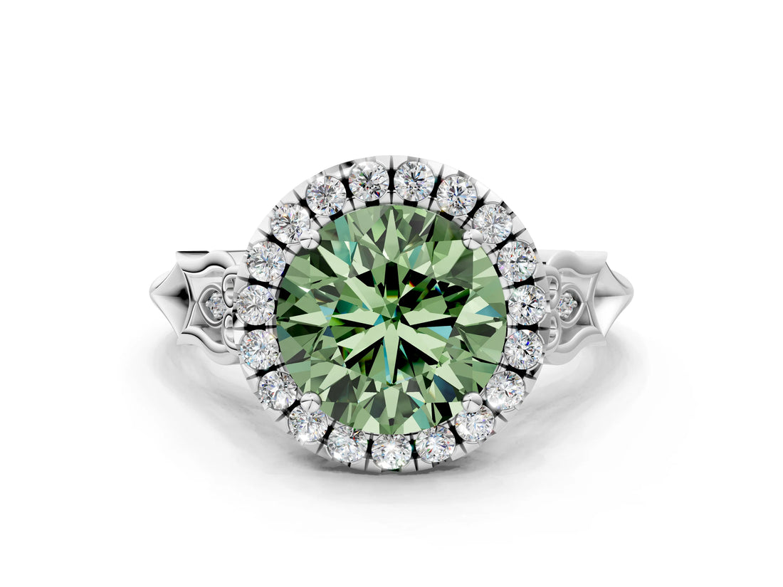 White gold Fancy Green Round  Halo Diamond Engagement Ring with Filigree Band and Four-Prong Setting_141