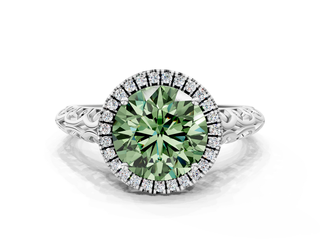 White gold Fancy Green Round  Halo Diamond Engagement Ring with Intricate Filigree Band and Four-Prong Setting_37