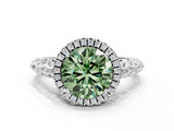 White gold Fancy Green Round  Halo Diamond Engagement Ring with Intricate Filigree Band and Four-Prong Setting_37