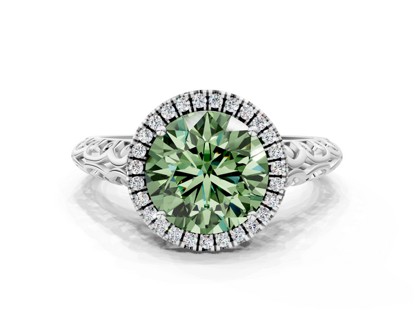 White gold Fancy Green Round  Halo Diamond Engagement Ring with Intricate Filigree Band and Four-Prong Setting