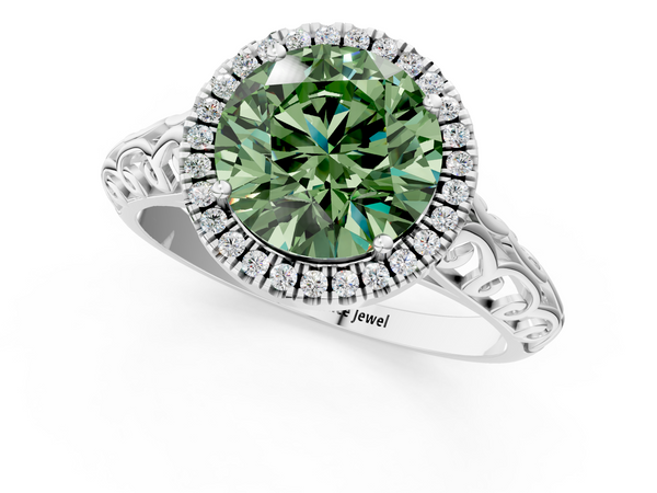 White gold Fancy Green Round  Halo Diamond Engagement Ring with Intricate Filigree Band and Four-Prong Setting