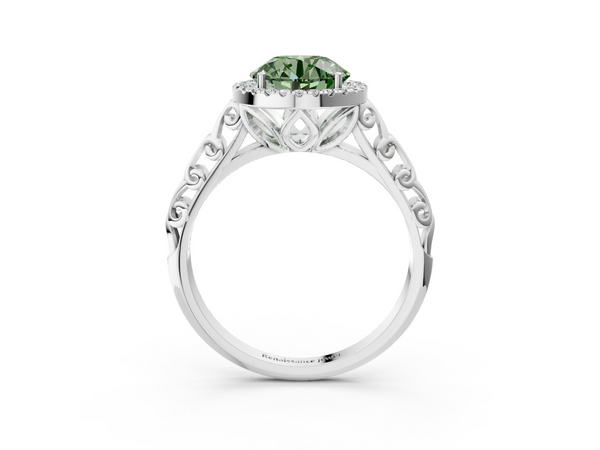 White gold Fancy Green Round  Halo Diamond Engagement Ring with Intricate Filigree Band and Four-Prong Setting