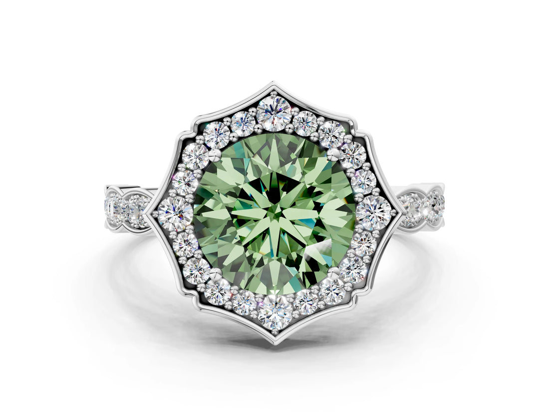 White gold Fancy Green Round  Halo Diamond Engagement Ring with Milgrain Band and Four-Prong Setting_66