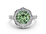White gold Fancy Green Round  Halo Diamond Engagement Ring with Milgrain Band and Four-Prong Setting_66