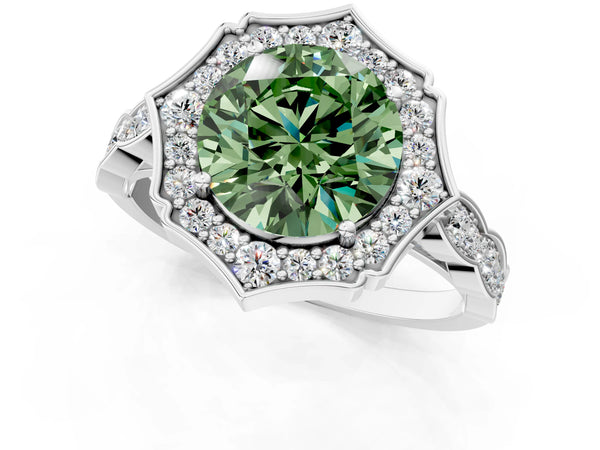 White gold Fancy Green Round  Halo Diamond Engagement Ring with Milgrain Band and Four-Prong Setting