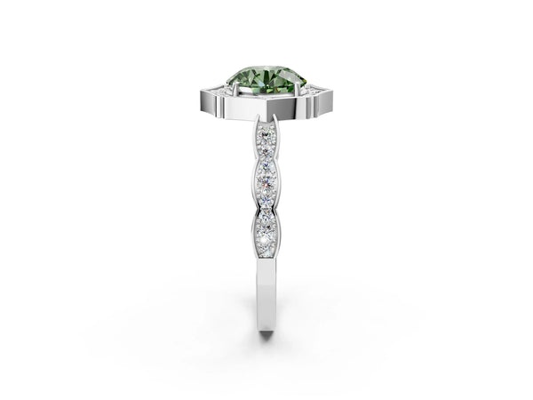 White gold Fancy Green Round  Halo Diamond Engagement Ring with Milgrain Band and Four-Prong Setting