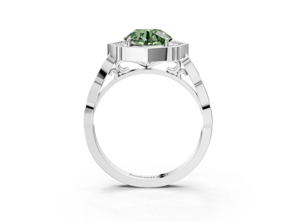White gold Fancy Green Round  Halo Diamond Engagement Ring with Milgrain Band and Four-Prong Setting