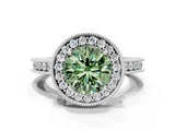 White gold Fancy Green Round  Halo Diamond Engagement Ring with Milgrain Pave Band and Four-Prong Setting_129