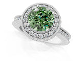 White gold Fancy Green Round  Halo Diamond Engagement Ring with Milgrain Pave Band and Four-Prong Setting_130