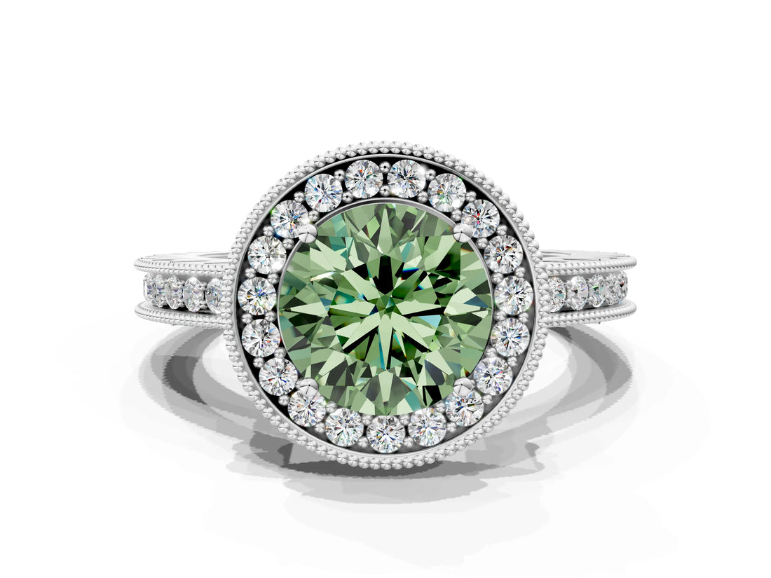 White gold Fancy Green Round  Halo Diamond Engagement Ring with Milgrain Pave Band and Four-Prong Setting_133