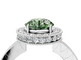 White gold Fancy Green Round  Halo Diamond Engagement Ring with Milgrain Pave Band and Four-Prong Setting_133