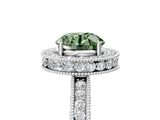 White gold Fancy Green Round  Halo Diamond Engagement Ring with Milgrain Pave Band and Four-Prong Setting_138