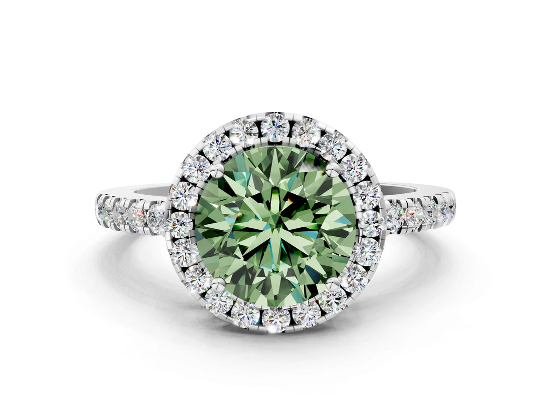 White gold Fancy Green Round  Halo Diamond Engagement Ring with Pavé Band and Four-Prong Setting_111