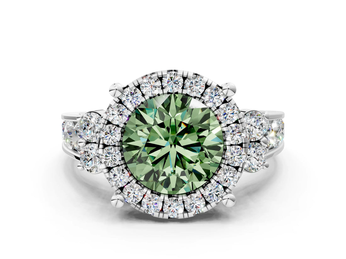 White gold Fancy Green Round  Halo Diamond Engagement Ring with Split Shank and Four-Prong Setting_55
