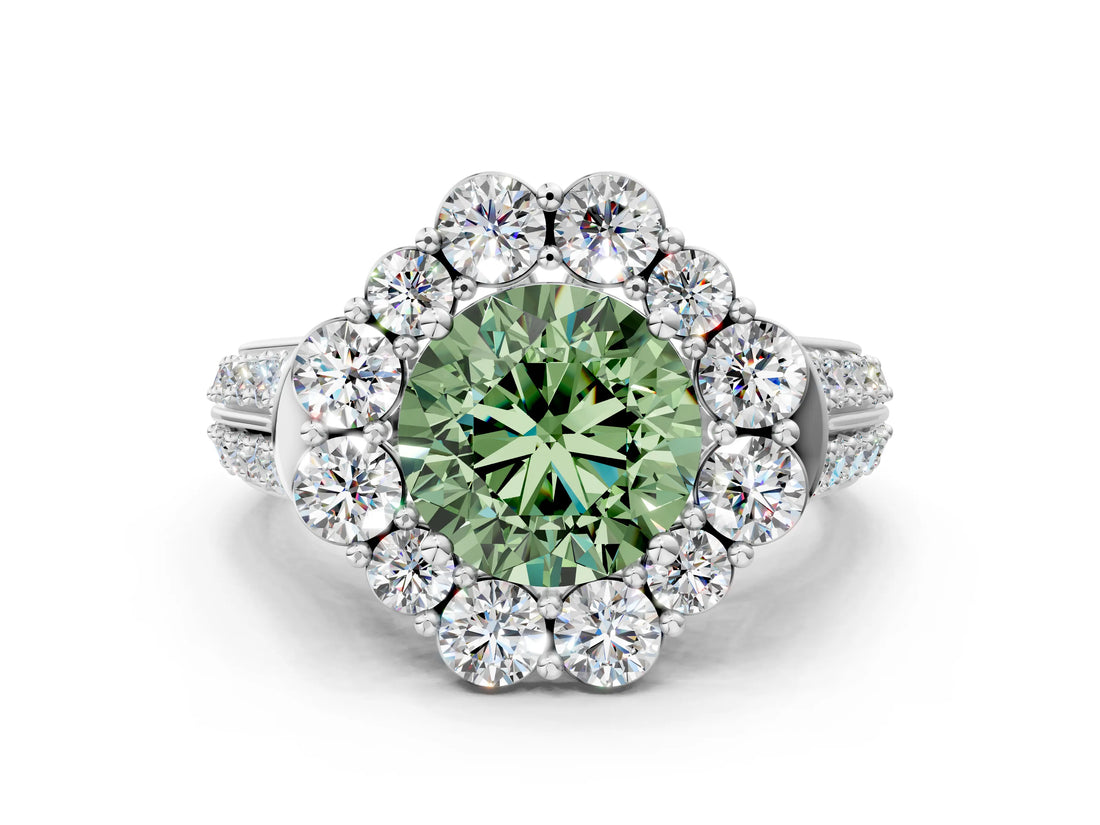 White gold Fancy Green Round  Halo Diamond Engagement Ring with Split Shank and Prong Setting_130