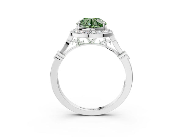 White gold Fancy Green Round  Halo Diamond Engagement Ring with Twisted Band and Four-Prong Setting