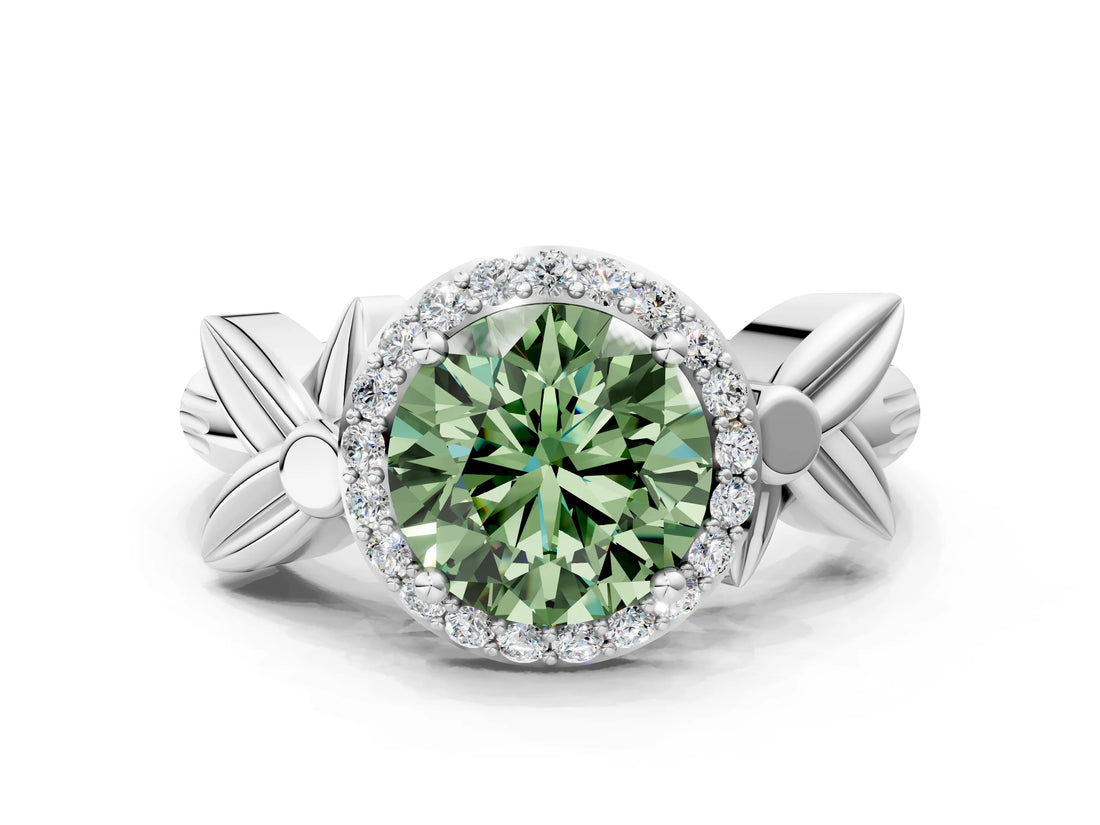 White gold Fancy Green Round  Halo Diamond Floral Band with Four-Prong Setting_55