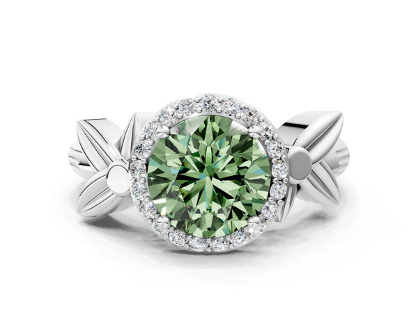 White gold Fancy Green Round  Halo Diamond Floral Band with Four-Prong Setting