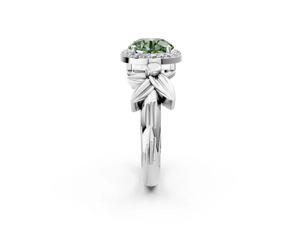 White gold Fancy Green Round  Halo Diamond Floral Band with Four-Prong Setting