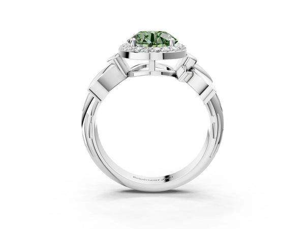 White gold Fancy Green Round  Halo Diamond Floral Band with Four-Prong Setting