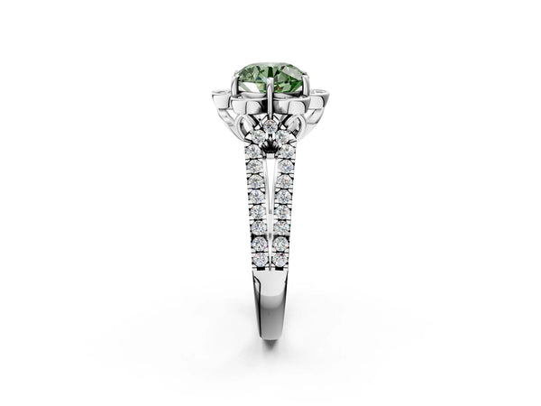 White gold Fancy Green Round  Halo Diamond Floral Split Shank Engagement Ring