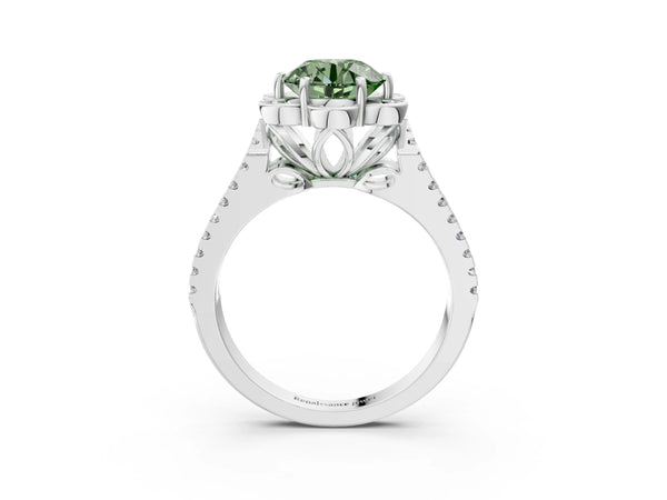 White gold Fancy Green Round  Halo Diamond Floral Split Shank Engagement Ring