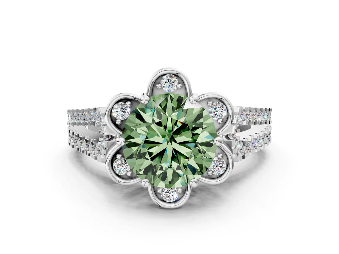 White gold Fancy Green Round  Halo Diamond Floral Split Shank Engagement Ring