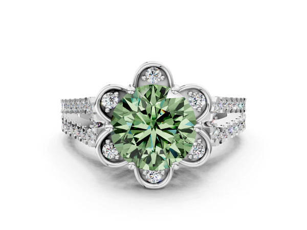 White gold Fancy Green Round  Halo Diamond Floral Split Shank Engagement Ring