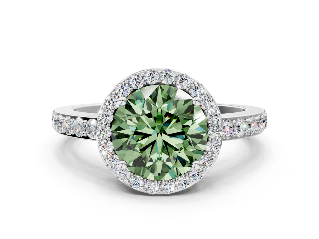 White gold Fancy Green Round  Halo Diamond Pavé Band Ring with Prong Setting_20