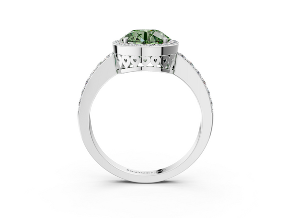 White gold Fancy Green Round  Halo Diamond Pavé Band Ring with Prong Setting
