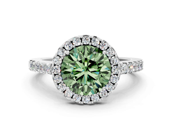 White gold Fancy Green Round  Halo Diamond Pavé Solitaire Ring