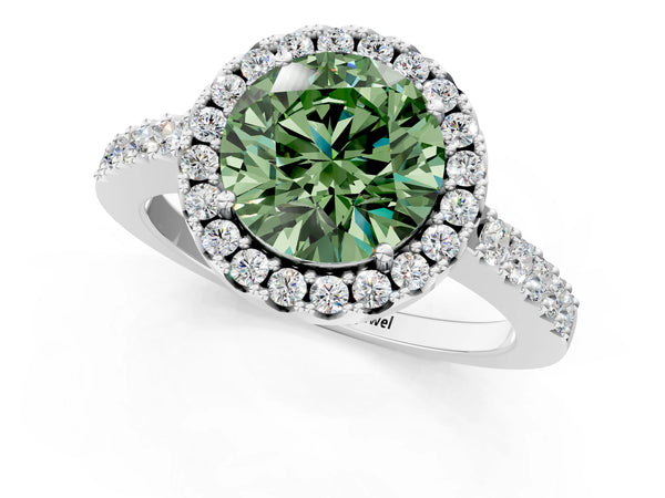 White gold Fancy Green Round  Halo Diamond Pavé Solitaire Ring
