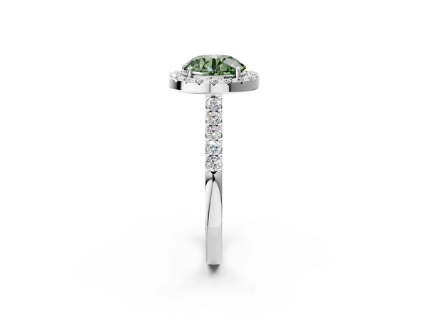 White gold Fancy Green Round  Halo Diamond Pavé Solitaire Ring