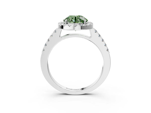 White gold Fancy Green Round  Halo Diamond Pavé Solitaire Ring