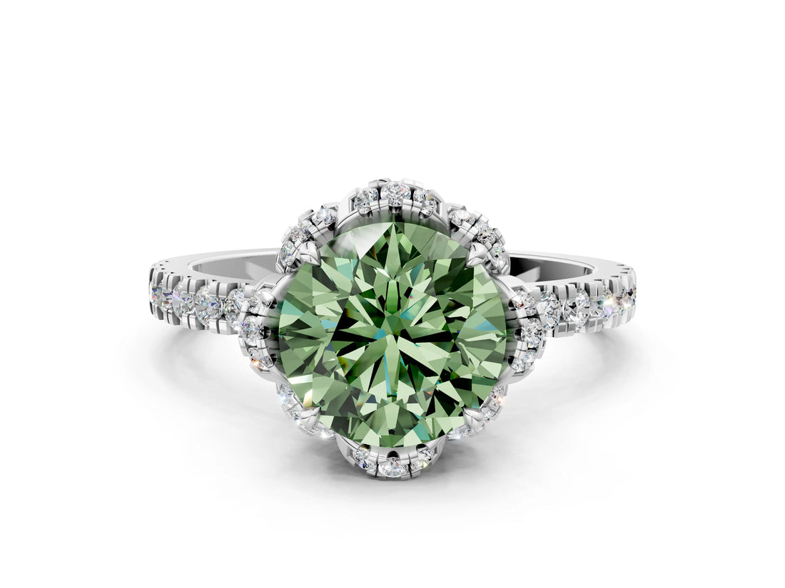 White gold Fancy Green Round  Halo Diamond Pave Band Ring with Four-Prong Setting_15