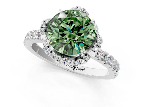 Platinum Round Petal Cutout Halo Engagement Ring Setting for Fancy Green Center