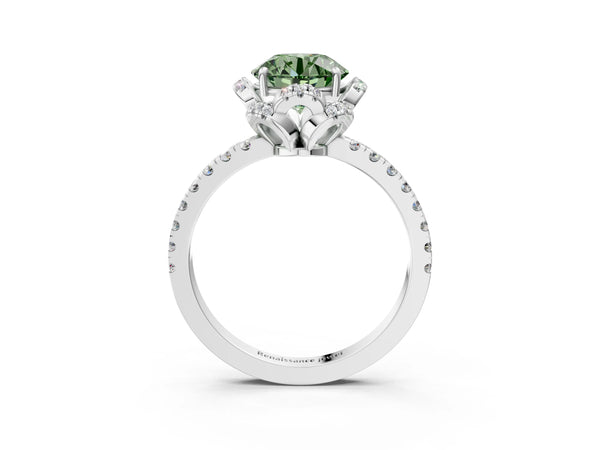 Platinum Round Petal Cutout Halo Engagement Ring Setting for Fancy Green Center