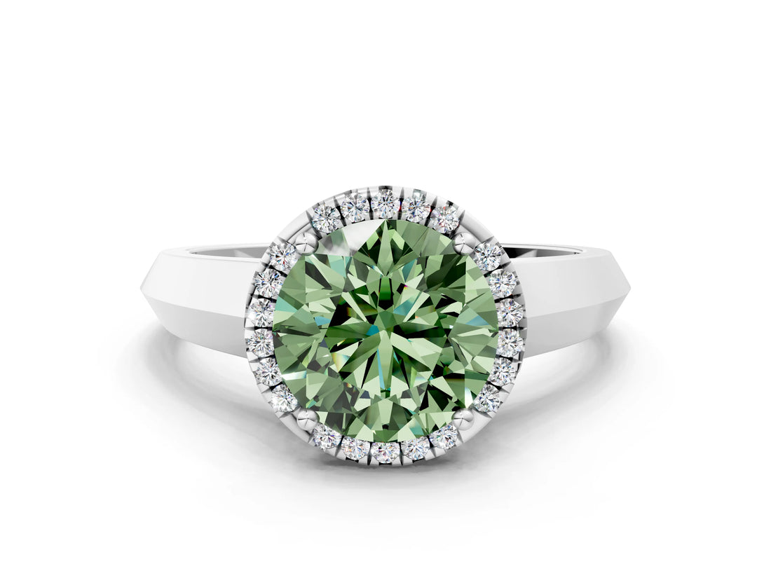 White gold Fancy Green Round  Halo Diamond Ring with Cathedral Band and Four-Prong Setting_49
