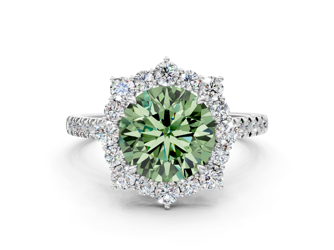 White gold Fancy Green Round  Halo Diamond Ring with Pavé Band and Prong Setting_37