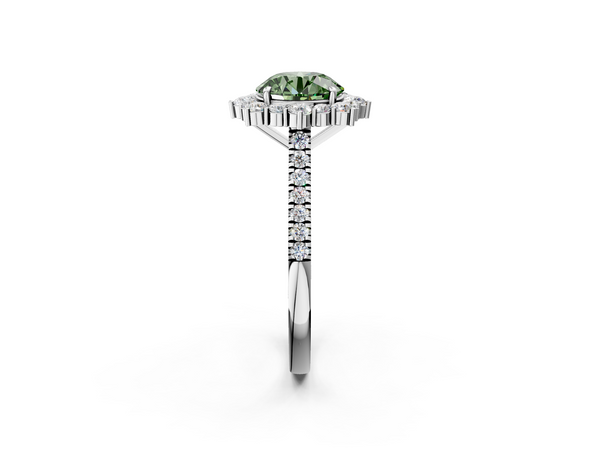 Platinum Fancy Green Round  Halo Diamond Ring with Pavé Band and Prong Setting