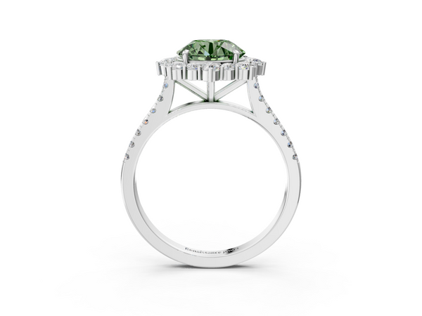 Platinum Fancy Green Round  Halo Diamond Ring with Pavé Band and Prong Setting