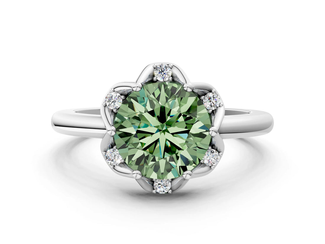 White gold Fancy Green Round  Halo Diamond Ring with Round Cluster Setting, Solitaire Band, and Four-Prong Setting_49