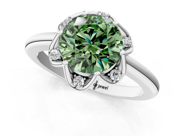 Platinum Fancy Green Round  Halo Diamond Ring with Round Cluster Setting, Solitaire Band, and Four-Prong Setting