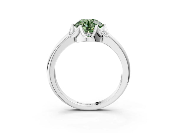 Platinum Fancy Green Round  Halo Diamond Ring with Round Cluster Setting, Solitaire Band, and Four-Prong Setting